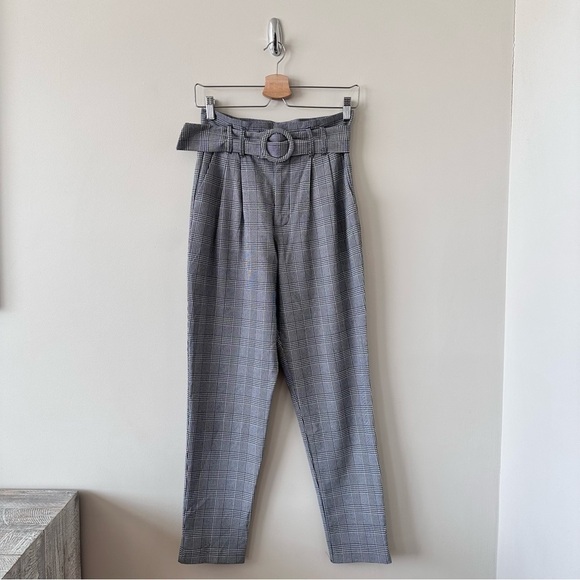 ZARA Plaid Pleated High Waist Paperbag Pants Belt (Size:XS) - Picture 2 of 10